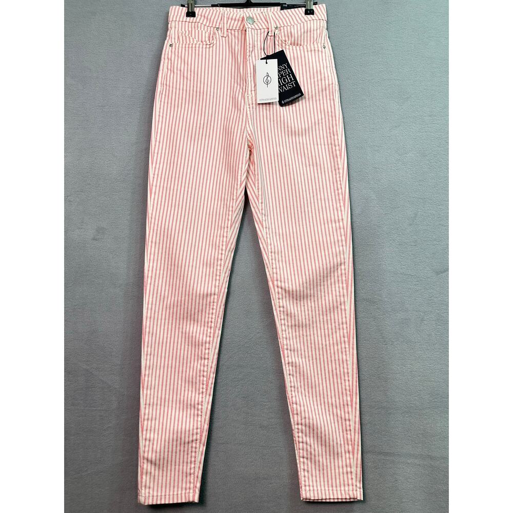 NWT Stradivarius Skinny Super High Waist Pink White Pinstripe Jeans Size 6 - Picture 2 of 13
